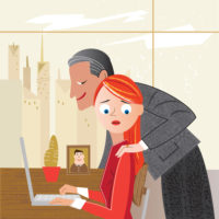 Cartoon image of boss harassing his employee Cartoon image of boss harassing his employee