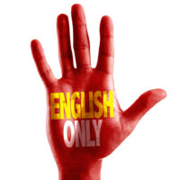English Only written on hand isolated on white background