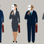 group of employees holdiing masks group of employees holdiing masks