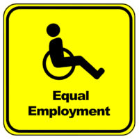 disabled wheelchair sign with caption equal employment
