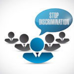 stop discrimination speech bubble above working people symbols