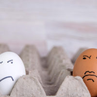 prejudices of racism: two eggs of different colors with dislike look at each other, short focus prejudices of racism: two eggs of different colors with dislike look at each other, short focus