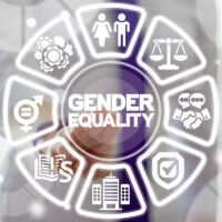 Business Gender Equality Work concept. Male Equals Female. Equal Pay, Salary, Fairness, Justice and Emancipation. Businesswoman clicks on a gender equality words surrounded by specific icons.