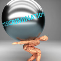 Discrimination as a burden and weight on shoulders - symbolized by word Discrimination on a steel ball to show negative aspect of Discrimination, 3d illustration