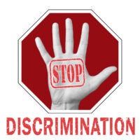 Stop discrimination conceptual illustration. Open hand with the text stop discrimination