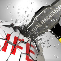 Sexual harassment and destruction of health and life - symbolized by word Sexual harassment and a hammer to show negative aspect of Sexual harassment, 3d illustration