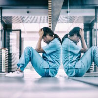 Stressed nurse sitting on floor