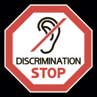 Deaf. Icon. Octagon.  Stop discrimination, octagonal sign, red and black color image.