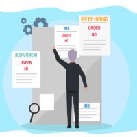 Searching new job vector concept: Old man looking at job vacancy on the wall while standing alone