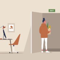 Young female character fired from the office, economic crisis caused by Covid-19 pandemic, unemployment, exit sign, sexism at work Young female character fired from the office, economic crisis caused by Covid-19 pandemic, unemployment, exit sign, sexism at work