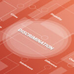 discrimination concept words isometric 3d word text concept with some related text and dot connected - vector