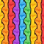 Striped hand showing fist raised up. Gay rights concept. Realistic style vector illustration in rainbow colors.  LGBT logo symbols stickers seamless pattern.