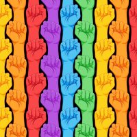 Striped hand showing fist raised up. Gay rights concept. Realistic style vector illustration in rainbow colors.  LGBT logo symbols stickers seamless pattern.