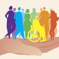 lgbtq people in hands, concept of safety of homosexuality, tolerance for gays, lesbians, lgbtq people, flat vector stock illustration with silhouettes of lgbtq people with disabilities