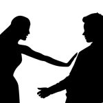 Female silhouette defending against sexual harassment of male silhouette isolated on white background. Slut-shaming, glass ceiling, victim-blaming and discrimination social issues vector illustration.