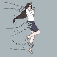 Scared terrified young woman grasped by huge hands, suffer from men aggressive rude behavior. Girl struggle with sexual harassment at work. Violence and bullying problem concept. Vector illustration. Scared terrified young woman grasped by huge hands, suffer from men aggressive rude behavior. Girl struggle with sexual harassment at work. Violence and bullying problem concept. Vector illustration.