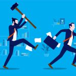 Angry businessman chasing man with a sledge hammer. Business revenge and anger concept. Vector illustration
