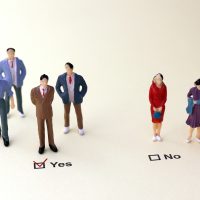 Yes and No check boxes with red check mark in the Yes box. The concept of gender discrimination in employment and promotion at work. Yes and No check boxes with red check mark in the Yes box. The concept of gender discrimination in employment and promotion at work.