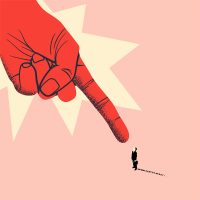 Boss and employee or angry boss concept with giant red boss hand points a finger at the clerk. Employee job reduction or dismissal concept. Vector illustration Boss and employee or angry boss concept with giant red boss hand points a finger at the clerk. Employee job reduction or dismissal concept. Vector illustration