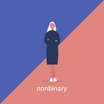 Nonbinary identity, young character standing with crossed arms, lgbtq community and human rights