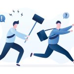 Angry businessman chasing office man with a sledge hammer. Business revenge and anger concept. Punishment for poor performance. Funny male characters.