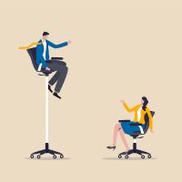 Gender gap and inequality in work, pay gap or advantage for man over woman in career path concept, businessman sitting on high office chair over businesswoman sit on normal chair discussing work.