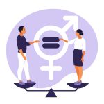 Gender equality concept. Men and women character on the scales for gender equality. Vector illustration. Flat.