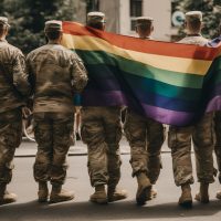 Military celebrating LGTBI Pride Day. Soldiers with LGTBI flag. Celebration LGTBI. Image generated by AI.