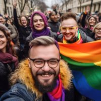 Group of people holding up rainbow flag. This image can be used to represent LGBTQ pride, support for LGBTQ community, or celebrations of diversity.