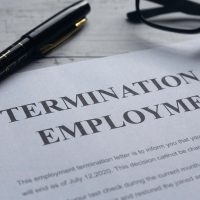 Selective focus of pen,glasses and Termination of Employee letter on a white wooden background.