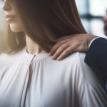 sexual harassment conceptwith businessman touching fermale colleague on the shoulder