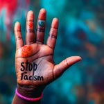 A hand with the words stop racism written. Space for text