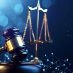 Judge gavel and scale of justice on dark blue technology background, Internet law concept with space for text