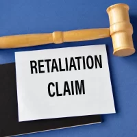 RETALIATION CLAIM - words on a white sheet on a black notebook with a judge's gavel in the background