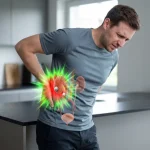 Man suffering from severe back pain due to kidney stone. Conceptual illustration of human renal system health problem and medical condition. Urinary tractache illness and internal organ pain.