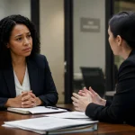 Professional employee discussing workplace misconduct case with HR representative or legal advisor in modern office, serious corporate meeting, emotional realism, business ethics concept.