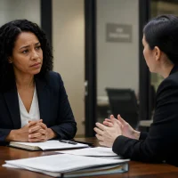 Professional employee discussing workplace misconduct case with HR representative or legal advisor in modern office, serious corporate meeting, emotional realism, business ethics concept.